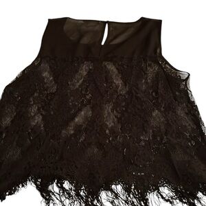 Design Nation size XL black lace sleeveless top with fringed hem keyhole back